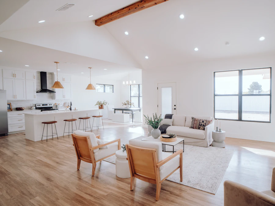 An open-plan kitchen and living space left clean and bright